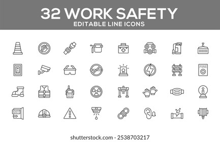 32 Editable Work Safety Line Icons for Workplace Protection, Hazard Prevention, and Emergency Preparedness