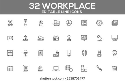 32 Editable Workplace Line Icons for Office Essentials, Productivity, and Organization