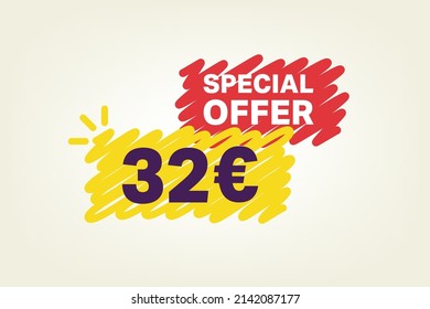 32 Euro OFF Sale Discount banner shape template. Super Sale Euro 32 Special offer badge end of the season sale coupon bubble icon. Modern concept design. Discount offer price tag vector illustration.