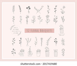 32 Floral Bouquets Bundle. flowers hand drawn, minimalist, wildflowers Wreath, field plants, Flower pot for logo, printing, cricut, wedding card. Vector illustration