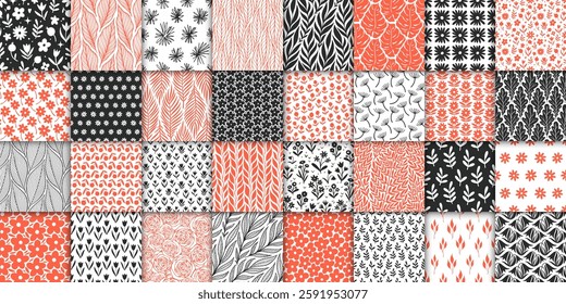 32 floral seamless pattern collection. Minimalistic hand drawn doodle seamless pattern with flowers and leaves