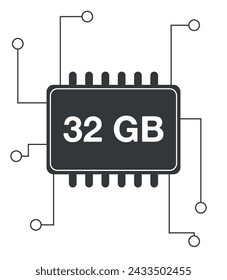 32 GB Ram. Ram memory with electrical circuits, technology and computer processing concept