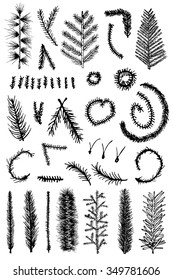 32 Hand Drawn Fir Branches, Christmas Tree, Vector elements isolated on white background.  