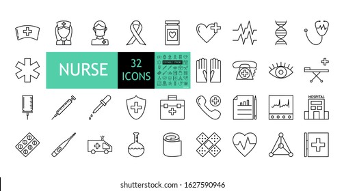 32 Icons Nurse. And 32x32 px with editable stroke. A collection of images on a medical theme. A woman and a man nurses, instruments, hospital. Flat vector illustration isolated on white background.