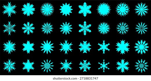 32 fantasievolle Doodle-Bilder blauer Schneeflocken einzeln auf schwarzem Hintergrund, Vektorgrafik