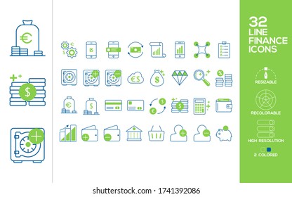 32 Line Finance Icon, Fully Recolorable, Resizable, Reshapable, Editable, Two versions in different Layers: Converted and Line version