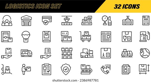 32 Logistics Icons. Delivery line icons set. Shipping icon collection. Logistics outline icon set. Logistics and Shipping line icons. Shipping, transportation, delivery, cargo, freight. EPS 10