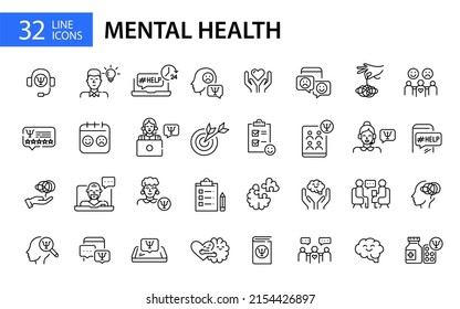 32 mental health and psychotherapy icons. Pixel perfect, editable stroke line art icon