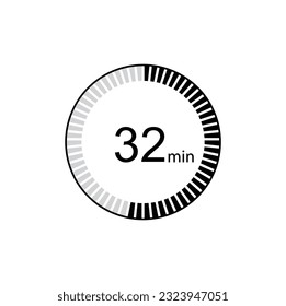 32 minutes icon. Symbol for product labels. Different uses such as cooking time, cosmetic or chemical application time.