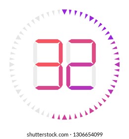 The   32 minutes, stopwatch vector icon, digital timer. Vector digital count down circle board with circle time pie diagram. Watch outline style design, designed for web and app.