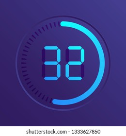 The 32 minutes, stopwatch vector icon, digital timer. Vector digital count down circle board with circle time pie diagram. Watch outline style design, designed for web and app.