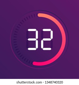 The 32 minutes, stopwatch vector icon, digital timer. Vector digital count down circle board with circle time pie diagram. Watch outline style design, designed for web and app.