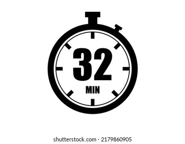 32 Minutes timers clock. Time measure. Chronometer vector icon black isolated on white background.