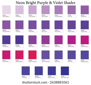 32 Neon and Electric Bright Purple Shades Color Swatches - 3d Vibrant Purples, Violets to Dark Deep Tones - with HEX Codes and Names, Colour Palette, Scheme and Gradient