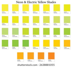 32 Neon and Electric Bright Yellow Shades Color Swatches - 3d Vibrant Yellows - with HEX Codes and Names, Colour Palette, Scheme and Gradient