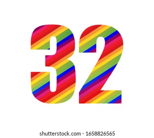Dígito numérico tipo arco iris 32 números. Colorido Diseño de Ilustración Vector de Treinta y Dos Números Aislado en Fondo Blanco.