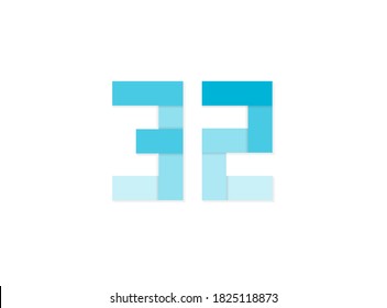 32 number, vector logo, paper cut desing font made of blue color tones .Isolated on white background. Eps10 illustration