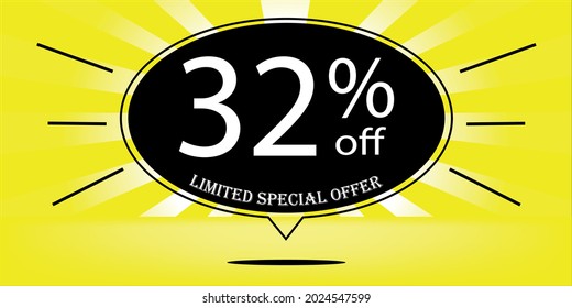 32% de globo negro y amarillo, para oferta especial limitada, banner amarillo para ofertas especiales de promociones