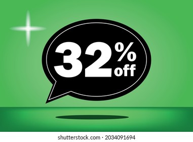 32% off - black and green floating balloon - with green background - banner for discount and reduction promotional offers