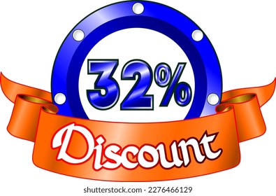 32% Rabatt, blaue Scheibe und orangefarbenes Band, Vektorgrafik für Groß- und Einzelhandel, illustrative Kunst, schöne Illustration, Vektorgrafik. Gott ist gut!