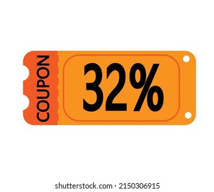 32% fuera del vector de cupón. Plantilla de cupón perforado naranja sobre fondo blanco para tiendas