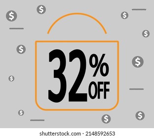 32% off. Dark banner for stores and promotions. Shopping bag