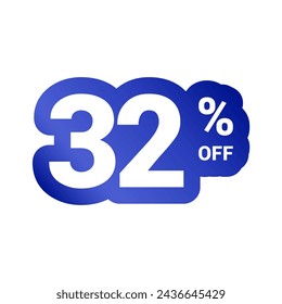 32% off. Discount number of percent sign in white and blue colors. Thirty two percent of discount. Symbol tag vector badge template. Sale offer price sign.