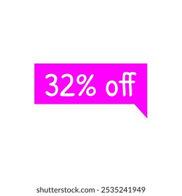 32 % Rabatt. Rabatt-Tag magenta und weißen Text. Marketingaktionen, Einzelhandel. Einfaches Angebotskennzeichen. 32 Prozent Rabatt.