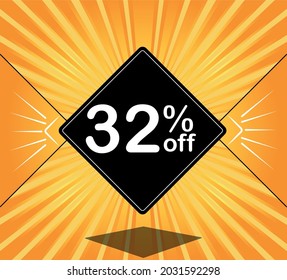 32% off. Orange banner - black balloon for big sales.