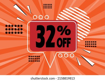 32% off. Orange banner with 32 percent discount on a red and black balloon for mega big sales.
