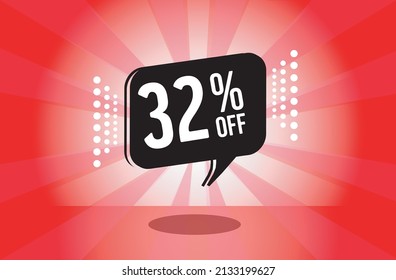 32% de descuento. banner rojo con 32 por ciento de descuento en un globo negro para grandes ventas.