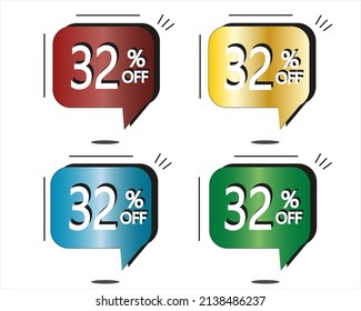 32% off. Red, yellow, blue and green stickers. Vector with four colorful balloons for special offers