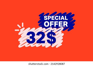 32$ OFF Sale Discount banner shape template. Super Sale 32 Dollar Special offer badge end of the season sale coupon bubble icon. Modern concept design. Discount offer price tag vector illustration.