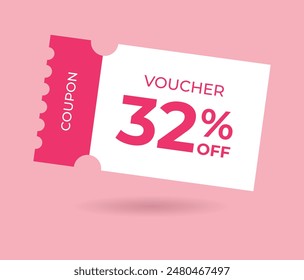 32% Rabatt auf Sale Voucher Coupon. 32 Prozent Promotion Illustration. Tag Label, Sale Banner mit Rabatt-Coupon. Pink Vektorgrafik Geschenkgutschein.