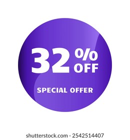 32 % Rabatt. 32 Prozent Rabatt, Sonderangebot. Design-Vorlage für Rabattverkaufsbanner. Rabattmarkierung. Vektorgrafik. Purple Design.