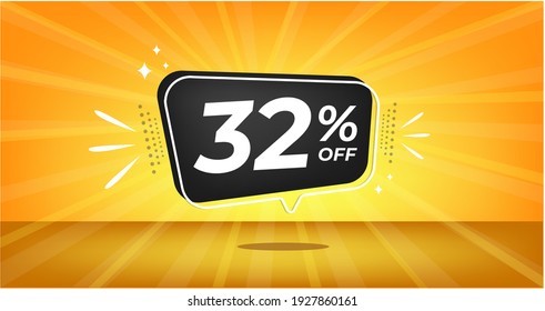 32% off. Yellow banner with thirty-two percent discount on a black balloon for mega big sales.