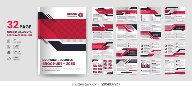 32 Page corporate business brochure, company profile, annual report, creative business card and stationary template design