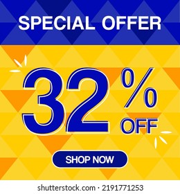 32% percent discoint special offer tag oranje and blue background shop now