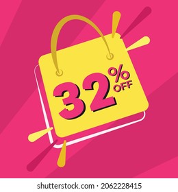 32 percent discount. Pink banner with floating bag for promotions and offers