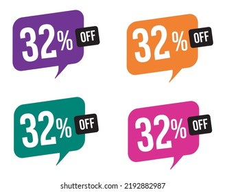 32 percent discount. purple, orange, green and pink balloons for promotions and offers. Vector Illustration on white background.