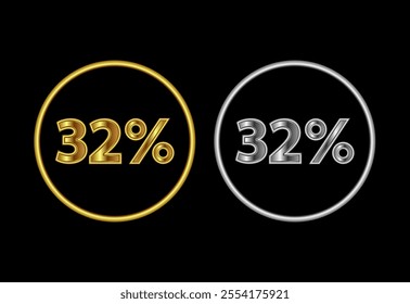 32 percent icon, 32 percent sign symbol in gold and silver color