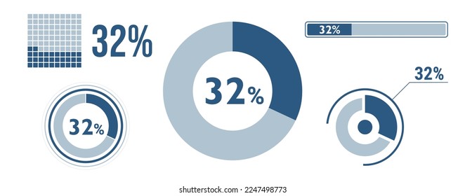 32 percent loading data icon set. Thirty-two circle diagram, pie donut chart, progress bar. 32% percentage infographic. Vector concept collection, blue color.