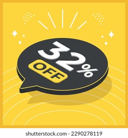 32 por ciento de descuento. Globo flotante 3D con promoción de ventas en fondo amarillo