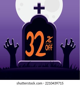 32 percent off. tomb with the phrase "32% off" and with zombie hands coming out of the ground. main color is purple