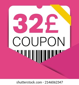 32 Pound Coupon promotion sale for a website, internet ads, social media gift 32 off discount voucher. Big sale and super sale coupon discount. Price Tag Mega Coupon discount vector illustration.