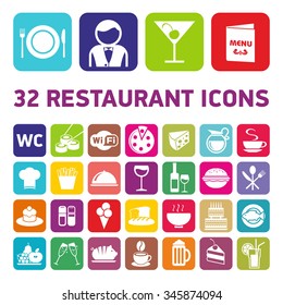 32 restaurant icons. Set of cookware flat icons, fast-food culinary and kitchenware equipment, meals and food preparation elements. Pizza, Burger, Coffee, vector illustration collection.