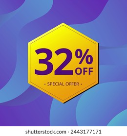 32% Sale and Discount Label. Thirty two percent Sale Discount label Geometric design. Abstract Blue and Yellow Hexagon. Vector illustration.