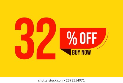 32% sale offer. Special offer discount label with sale percentage. 32 percent off price reduction badge. Promotion design isolated vector illustration, red and yellow.