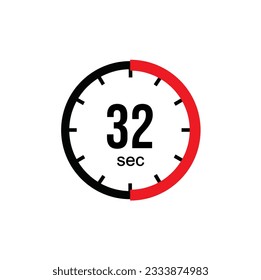 32 seconds timer clock. 32 sec stopwatch icon countdown time digital stop chronometer.