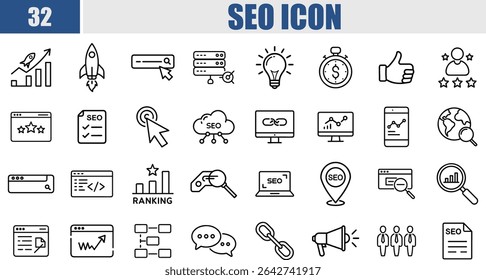 32 SEO and Development web icons bundle in line style on transparent background